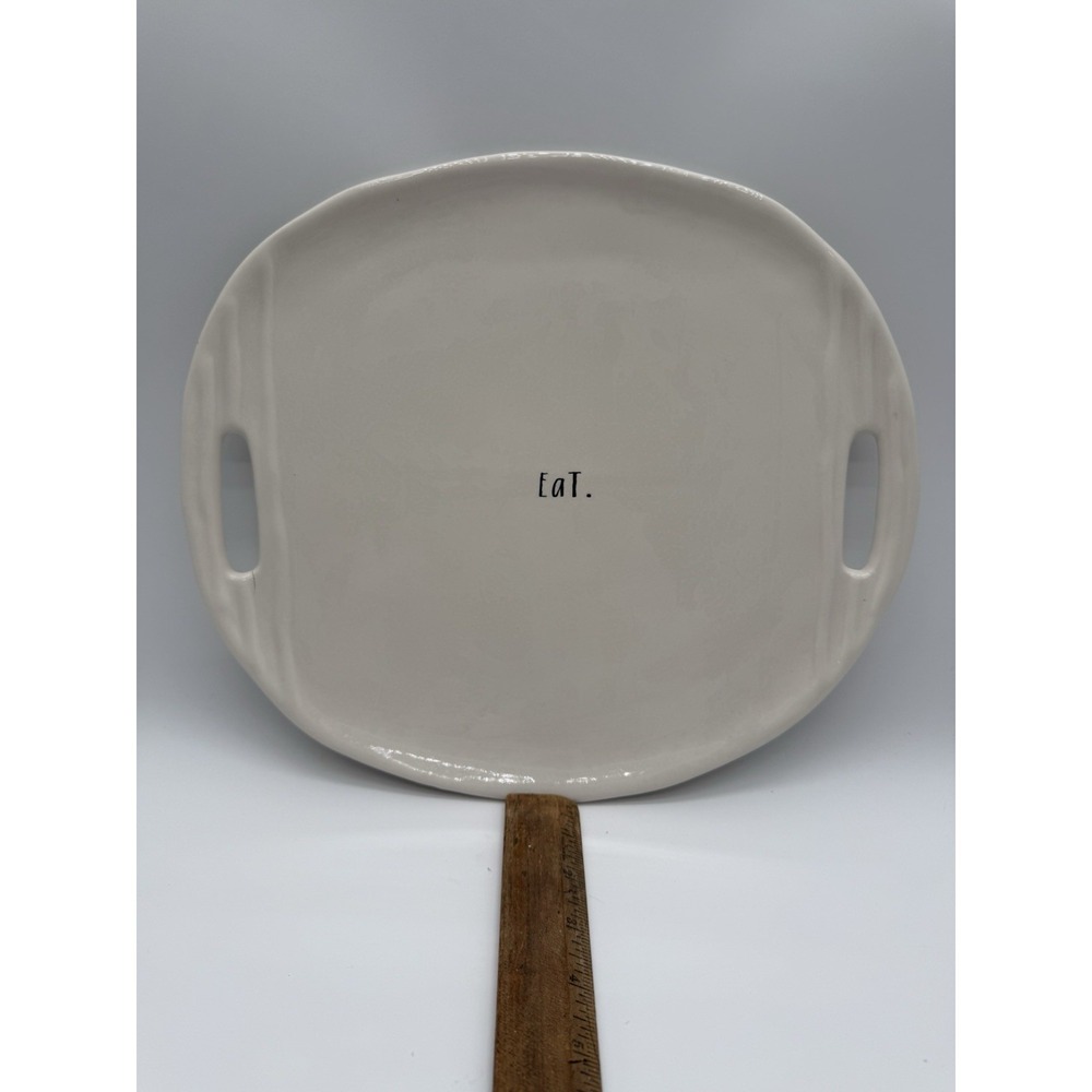 RAE DUNN Oval White Platter With Handles Eat.  13.5x11.5 Small Crack Left Handle